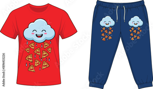 Funny Cloud Raining Pizza Design on Red T-Shirt and Sweatpants, Whimsical Food Fashion Vector for Adobe Stock Illustration Asset