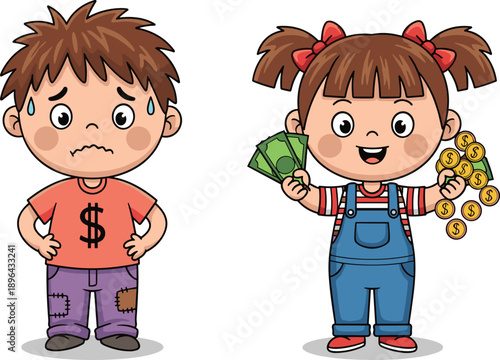 Poor and rich kids illustration, boy worried about money, girl holding cash coins, financial education concept isolated white background vector