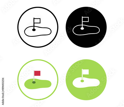 Golf course hole with flag icons set, flat and line art style professional sport field and hobby symbol vector illustration