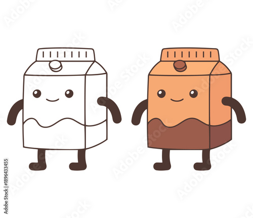 Kawaii milk carton characters set, cute chocolate and plain milk box mascot with face arms and legs for kids dairy product vector illustration
