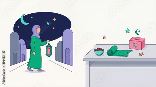 Ramadan themed illustration of a woman holding lantern with table of iftar items