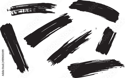 Brush set. Vector black paint brush spots, highlighter lines or felt-tip pen marker. Ink smudge abstract shape stains and smear set with texture
