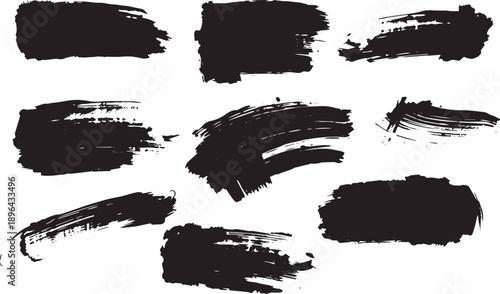Brush set. Vector black paint brush spots, highlighter lines or felt-tip pen marker. Ink smudge abstract shape stains and smear set with texture