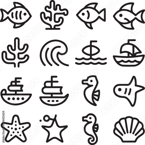 Oceanic icons featuring marine life and sailing vessels