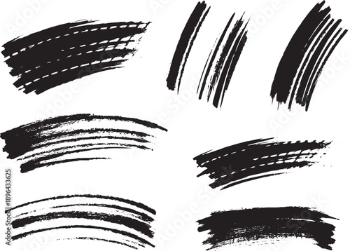 Brush set. Vector black paint brush spots, highlighter lines or felt-tip pen marker. Ink smudge abstract shape stains and smear set with texture