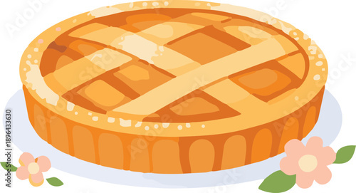 A flat vector illustration of a golden baked pie with a crisscross lattice crust on a plate, decorated with small flowers, evoking a cozy homemade dessert.