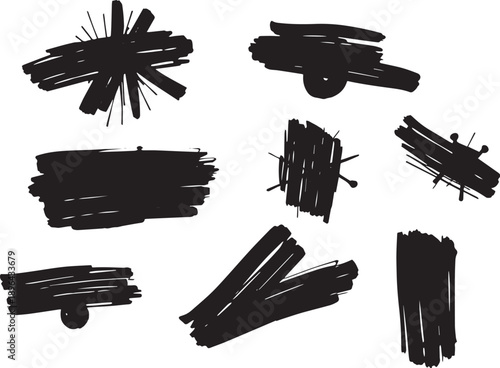 Brush set. Vector black paint brush spots, highlighter lines or felt-tip pen marker. Ink smudge abstract shape stains and smear set with texture