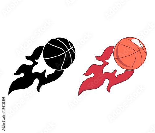Basketball ball on fire icons set, flat and silhouette style sport competition flying flaming ball vector illustration
