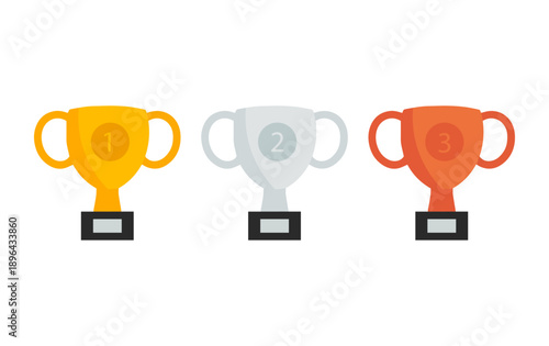 vWinners trophy cup set, flat style gold silver and bronze award for first second and third place vector illustration
