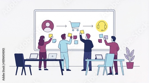 Business team collaborating on customer journey map with sticky notes on whiteboard in modern office setting with laptops and plant