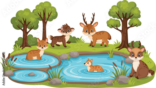 Cute forest animals illustration with deer family pond trees wildlife nature landscape cartoon vector scene