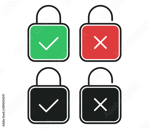 Padlock security status icons set, flat and line art style locked and unlocked privacy protection symbols vector illustration