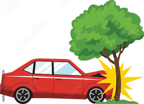 Car crash illustration, red vehicle accident, tree impact graphic, cartoon collision scene, road safety concept, damaged front end, warning burst