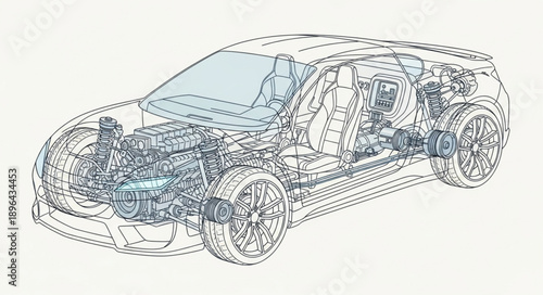 Automotive Engineering Diagram of a Car Engine and Chassis.