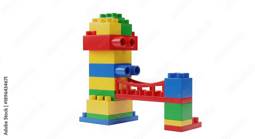 Fototapeta premium Colorful lego tower structure with bridge isolated on transparent background