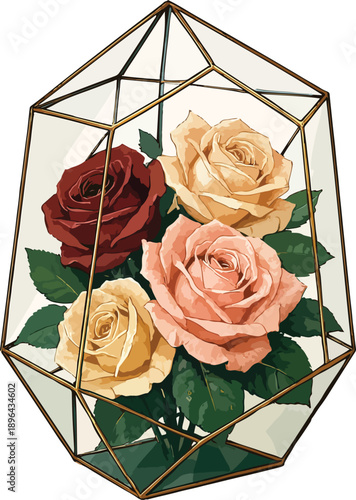 Modern Glass Terrarium with Roses – Valentine’s Luxury Floral Vector
