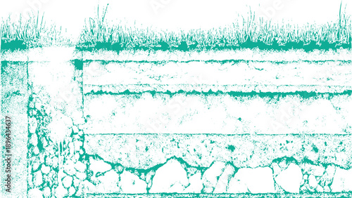 Grungy turquoise and white textured wall background with grass