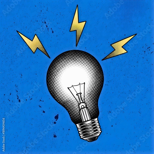 Bright Glowing Halftone Light Bulb Surrounded by Dynamic Lightning Bolts on Blue Creative Concept