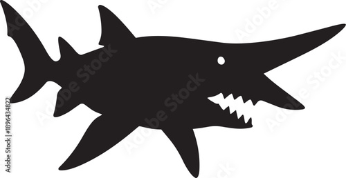 Simple black and white line drawing of a shark swimming left