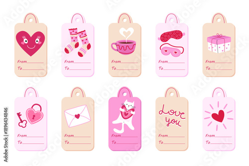 Valentines gift tag set with present, heart, socks, coffee, sleep mask, envelope, love letter, kitty, key and lock. Holiday vector labels on isolated on white background