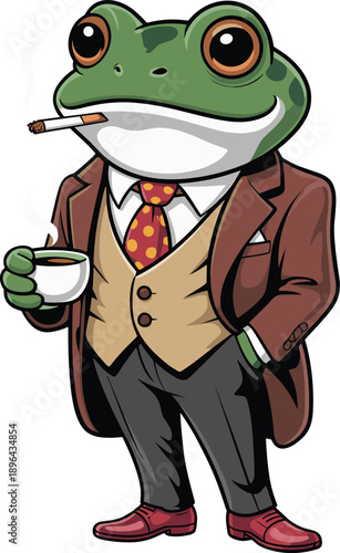 Cartoon frog character, formal attire, whimsical animal illustration, surreal anthropomorphic design, coffee and cigarette pose, stylish amphibian art, humorous concept