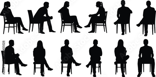 Seated posture silhouette icon set, people on chairs in varied poses, black vector illustration, body language theme, isolated on white background