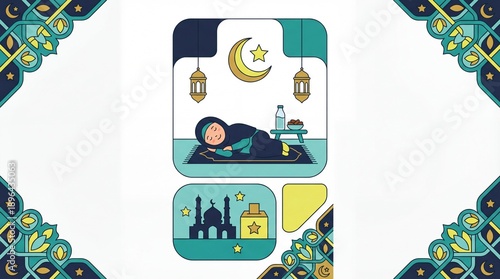 Ramadan kareem illustration with woman praying mosque crescent moon lanterns and calendar
