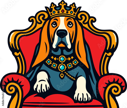 Crowned Hound on Red Throne, Majestic Royal Dog Portrait with Gem Necklace