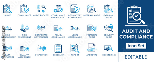 Audit and compliance icon set featuring risk management, regulatory compliance, internal and external audit, financial assessment, corporate governance, and quality assurance symbols.