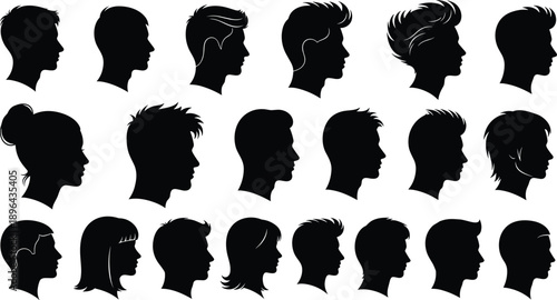 Human Head Profile Silhouette Vector Set Showing Male and Female Faces Hairstyles in Black Isolated for Avatar Design