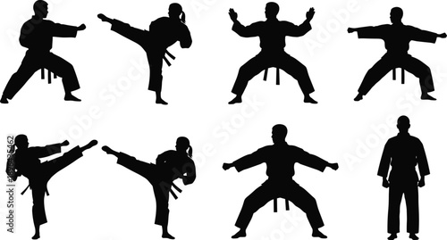 Martial arts silhouette set featuring karate and taekwondo fighters performing kicks and stances isolated on white background vector