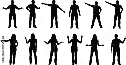 Set of male and female human silhouette figures showing pointing, questioning, and expressive gestures isolated on white background