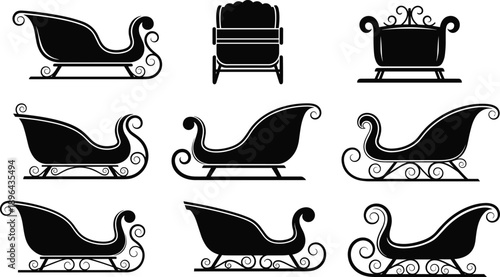 Santa sleigh silhouette set showing vintage Christmas sled designs, festive holiday transport collection isolated on white background vector