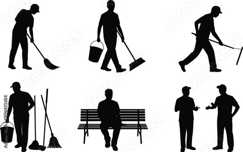 Cleaning worker silhouettes, janitor icons, sanitation staff vector, mop, broom, bucket, dustpan, maintenance tools, black figures, occupational set