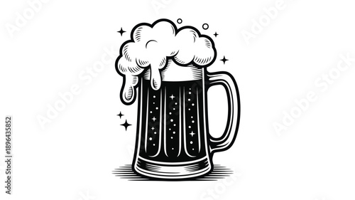 Detailed beer mug toast illustration with sparkling liquid and overflowing foam bubbles celebrating festival brewery bar branding vector art