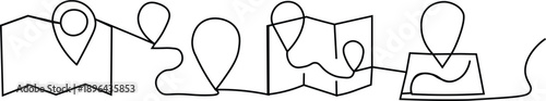 Locations on map line vector illustration. Minimalist line drawing of travel route map with GPS marker. Pin road icon set. 