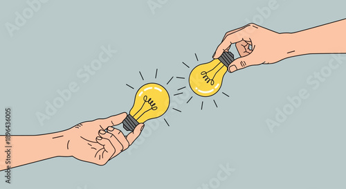 Two hands exchanging light bulbs symbolizing idea sharing and collaboration in a creative process