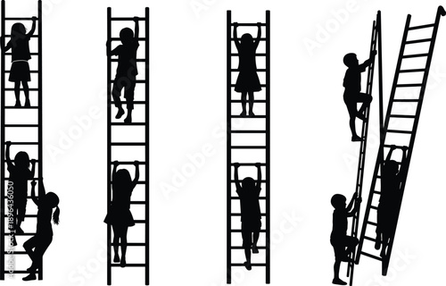 Children silhouettes climbing and moving ladders symbolizing growth ambition learning progress teamwork and childhood development in minimal black white illustration