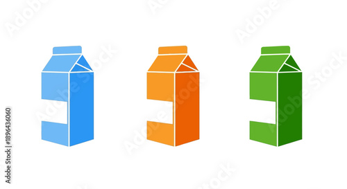 Three colorful cartons arranged in a row on a plain surface viewed from the front