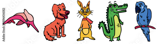 Set of cute colorful animal cartoon characters including dog rabbit crocodile macaw and dolphin isolated on white background
