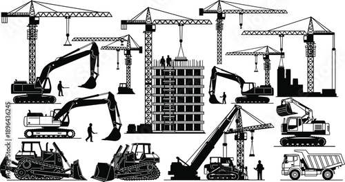 Construction site silhouettes with tower cranes excavators and heavy machinery illustrating urban development engineering and infrastructure building industry concept scene