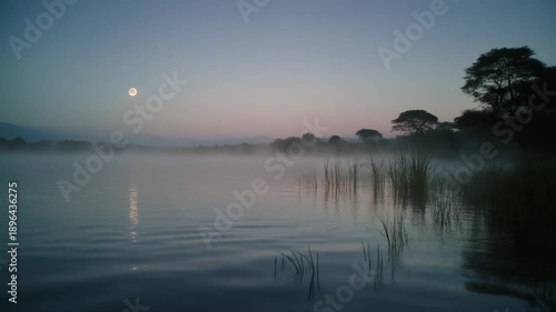 Wallpaper Mural Mystical Dawn Over Tranquil Lake: Serene Waters Reflecting the Moon in a Dreamy Landscape Torontodigital.ca