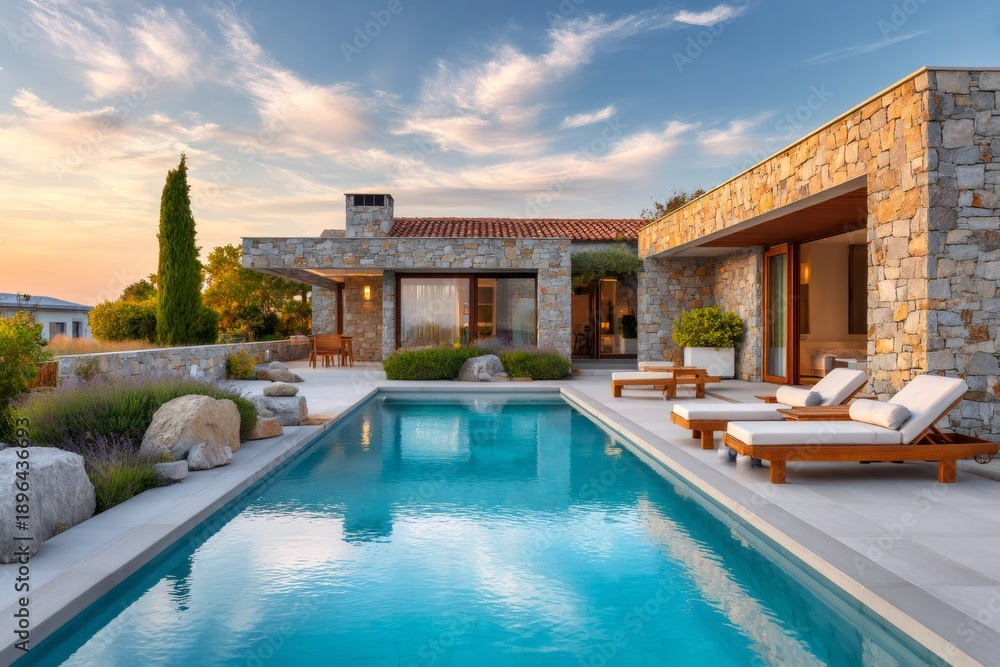 Fototapeta premium Luxury villa with swimming pool at sunset
