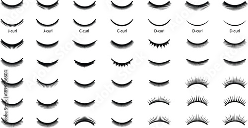 Variety of false eyelashes in different styles and curl types for beauty and makeup