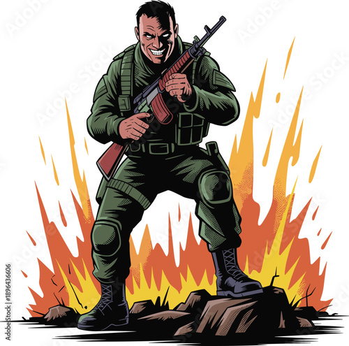 Military soldier illustration, tactical army fighter, heroic warrior pose, battlefield flames background, combat rifle, action scene, war concept art, conflict