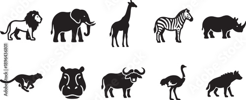 Set of 9 African safari animals flat design vector illustration, wildlife icons collection, black and white scalable graphic art