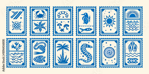 A collection of vintage style blue and white animal and botanical postage stamps