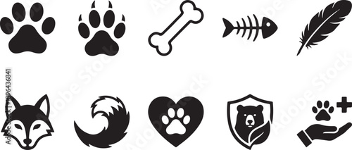 Set of 10 black and white pet and animal icons vector illustration flat design isolated on white background