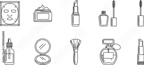 Set of elegant black line cosmetic icons for beauty and skincare products