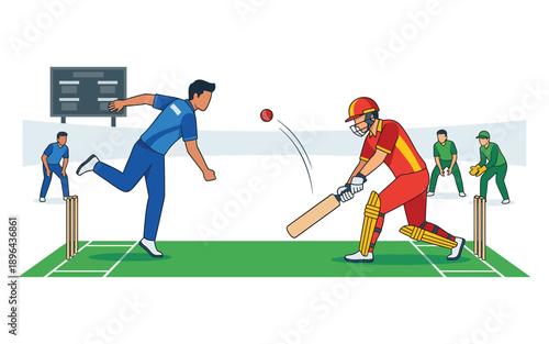 Cartoon cricket match illustration: bowler vs batsman action scene
